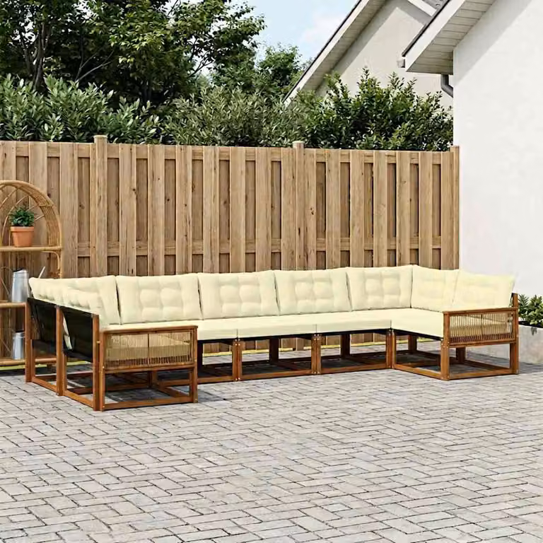 Set di divani da esterno vidaXL 7 pz in legno di acacia con cuscini beige e bianco