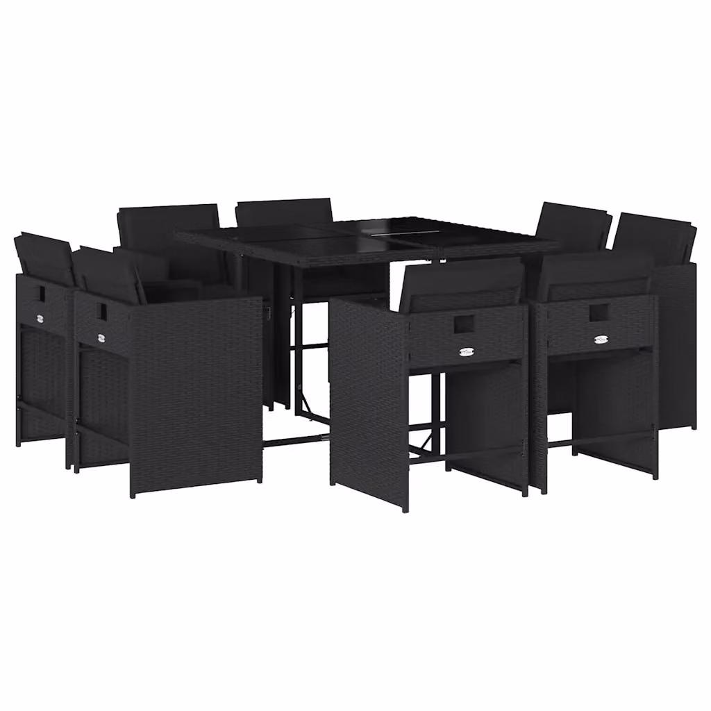Set da pranzo da giardino vidaXL in polyrattan nero con cuscini e tavolo in vetro per terrazzo e giardino, 9 pezzi – 2