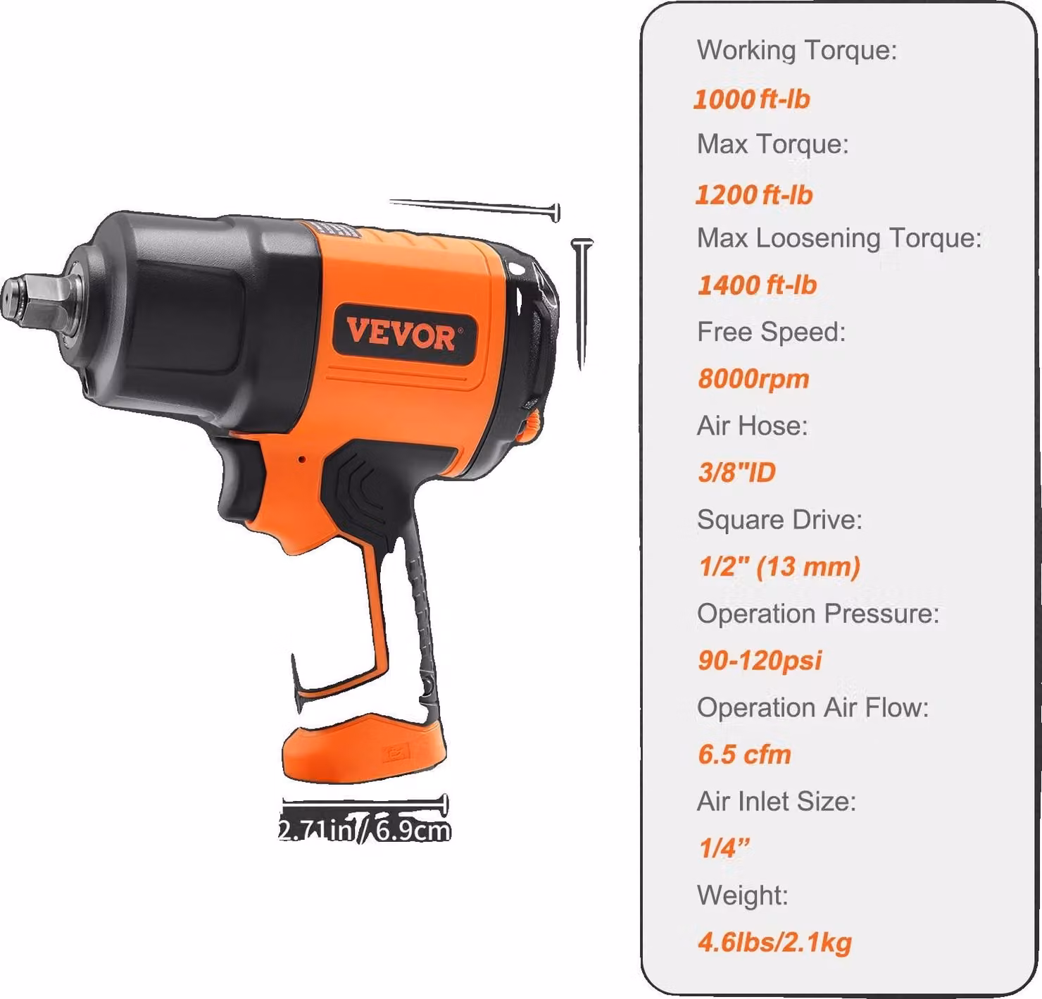 Avvitatore a impulsi pneumatico, azionamento da 1/2 pollice, coppia fino a 1400 ft-lb, velocità di 8000 giri/min, 1350N