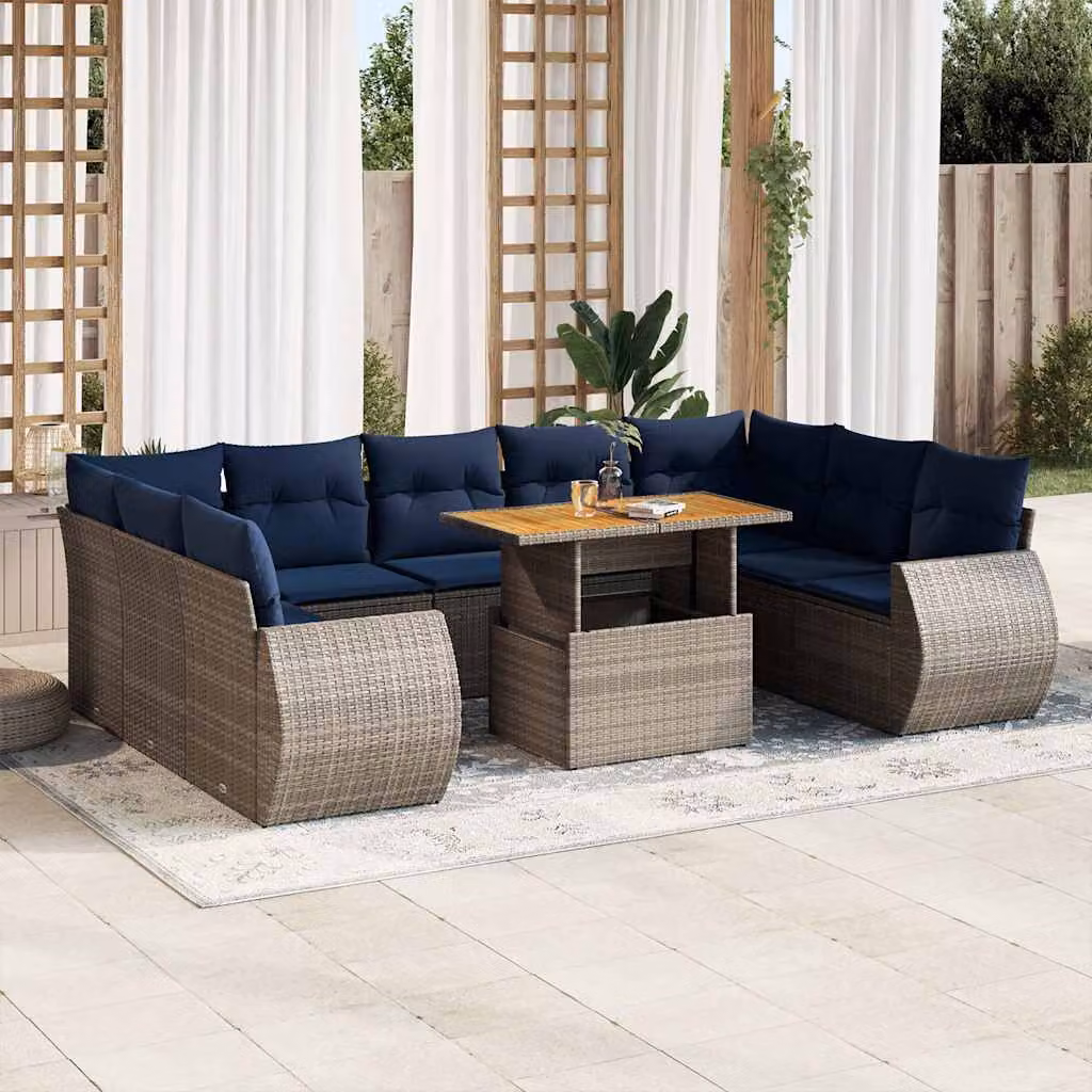 Set Divano da Giardino vidaXL a forma a U composto da 10 pezzi con Cuscini, Colore Grigio e Blu, Struttura in Metallo e Polyrattan con Tavolino da Esterno