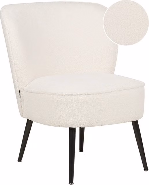 Poltrona Beliani in tessuto bouclé bianco con design moderno a tub e gambe in legno di pino, L: 76 cm, P: 60 cm, H: 52 cm – 1