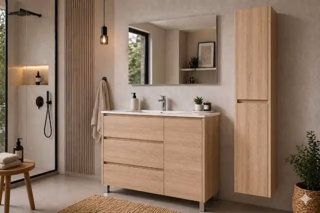 Mobile Bagno VOLUM Già Montato 3 cassetti e porta, lavabo e specchio Estepa 90x45 cm con colonna