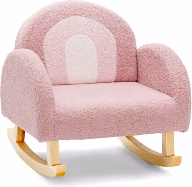 Sedia dondolo per bambini Design Mania in velluto rosa con gambe in legno e braccioli