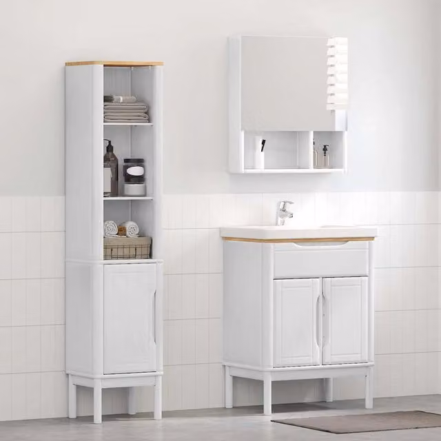 Set di mobili per il bagno moderno vidaXL composto da mobile lavabo e colonna alta in legno di pino, colore bianco opaco, L/P/H: 80 x 40 x 60 cm e H x L x P: 120 x 33 x 30 cm