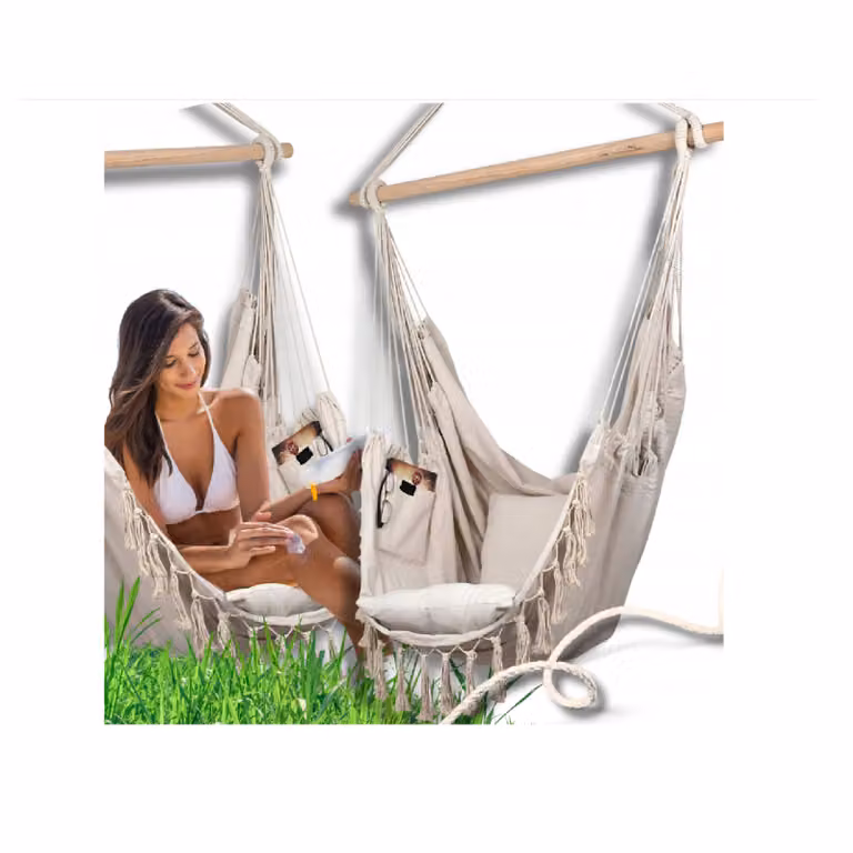 QLS Sedia pensile stile boho 130x100 cm con 2 cuscini Sedia pensile fino a 200 kg beige 11283