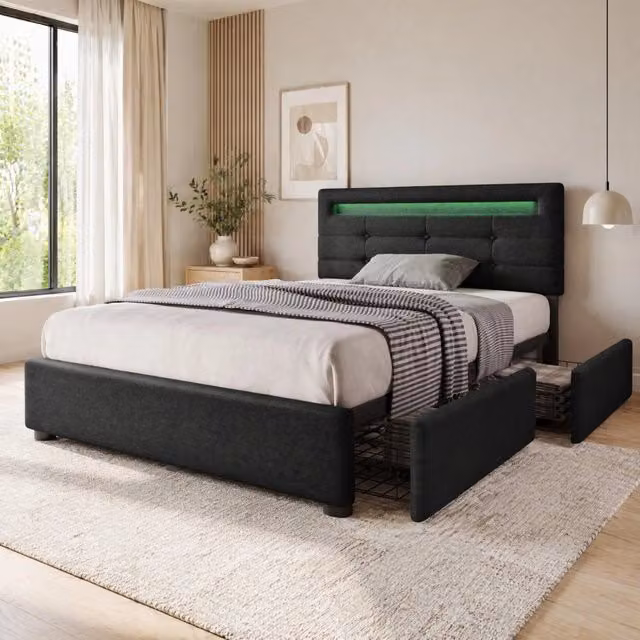 Letto singolo Mivray con cassetti e illuminazione LED sotto il letto, testiera regolabile rivestita in tessuto nero, L/P/H: 90 x 200 x 208 cm, rete a doghe inclusa