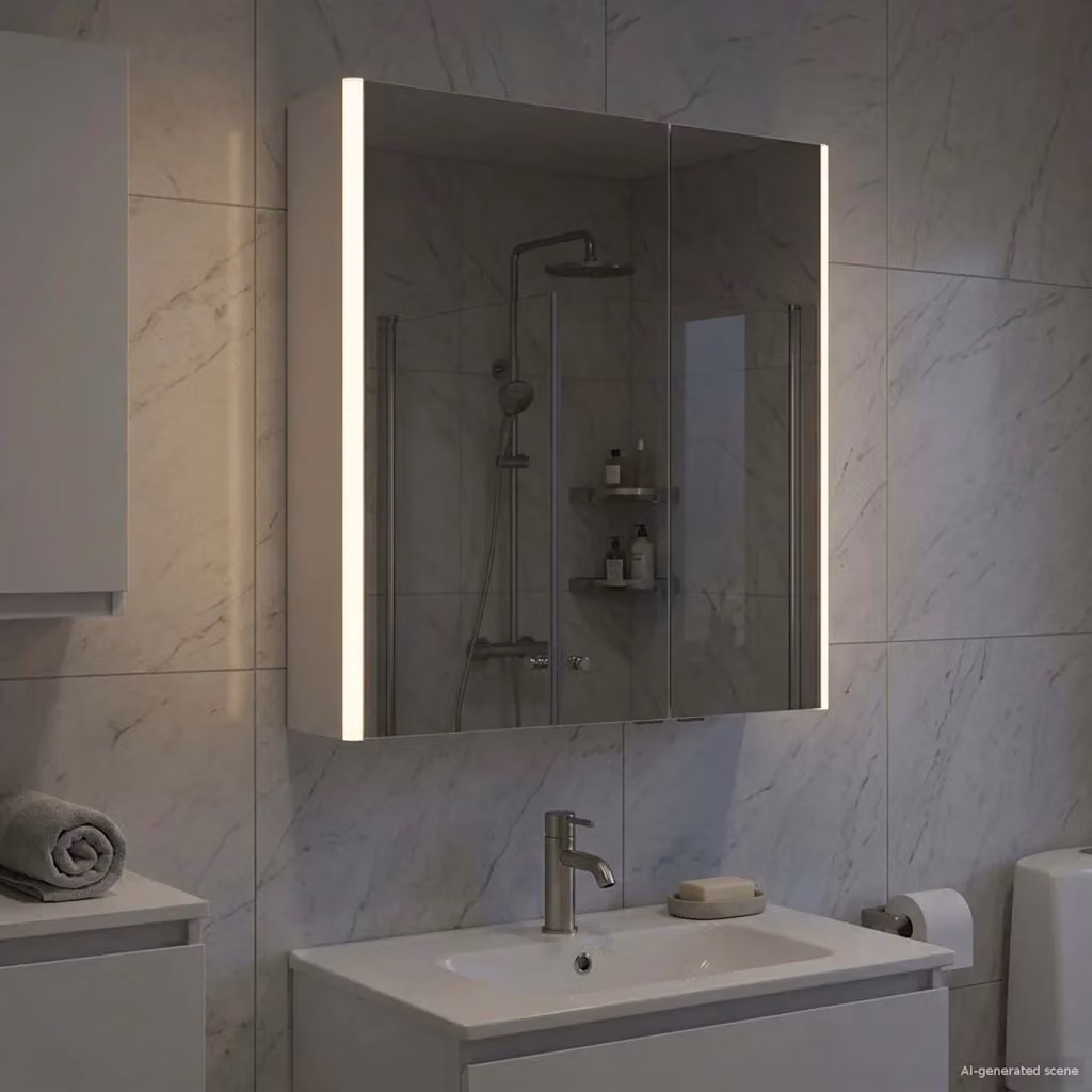 Mobiletto da bagno con specchio e illuminazione LED vidaXL, Bianco lucido, L: 63,5 cm, P: 15,5 cm, H: 70 cm – 2