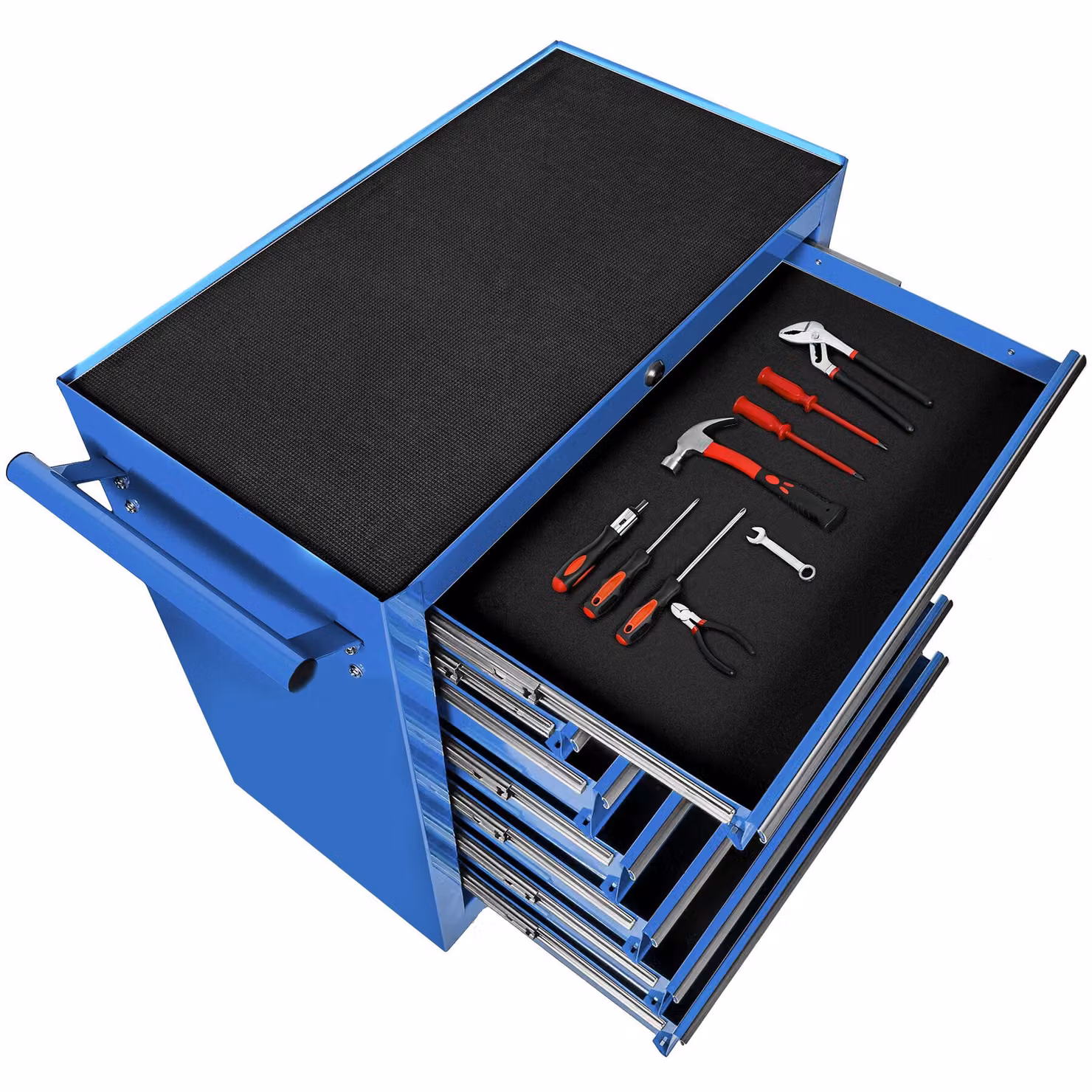 Carrello portautensili tectake con 7 cassetti chiudibili, ruote e piano di lavoro, blu – 1