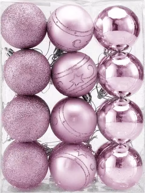 Set di 24 palline per albero di Natale Casaria rosa in plastica con decorazioni geometriche e astratte