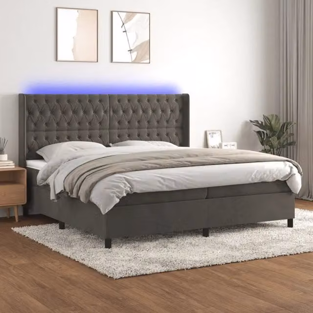 Letto Ibrido vidaXL con Materasso, Illuminazione LED Sotto il Letto e Porte USB, Rivestimento in Velluto Grigio e Bianco, L/P: 200 x 200 cm – 1