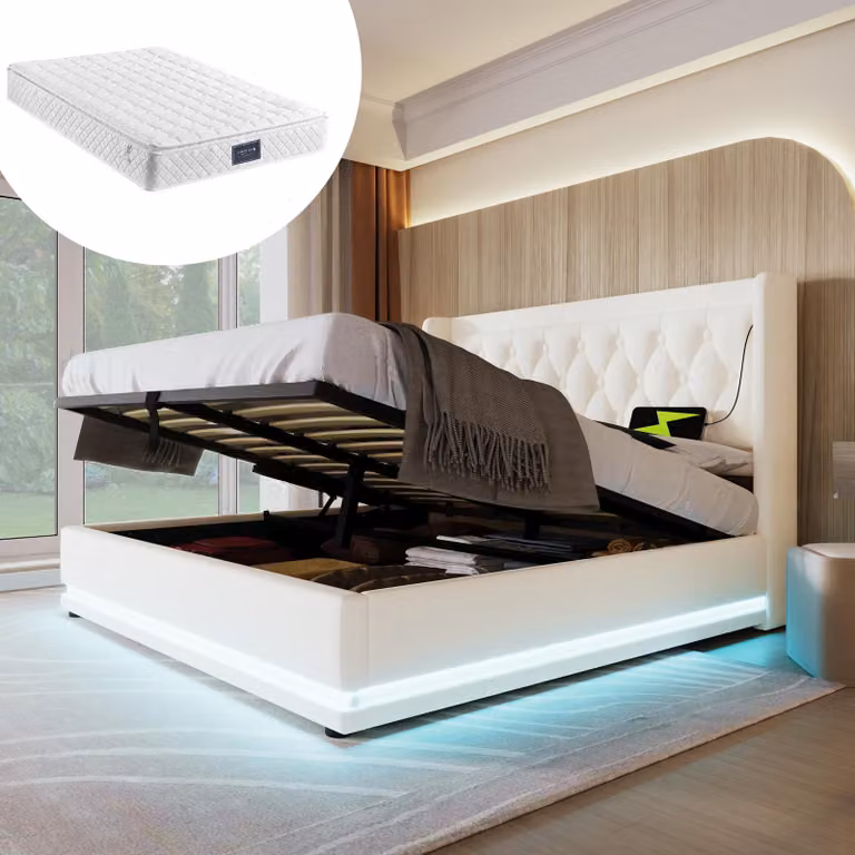 Letto matrimoniale imbottito, dimensioni 140x200 cm, bianco, realizzato in materiale PU. Letto con sistema di sollevamento idraulico per lo stoccaggio, testiera imbottita con funzione di ricarica USB di tipo C