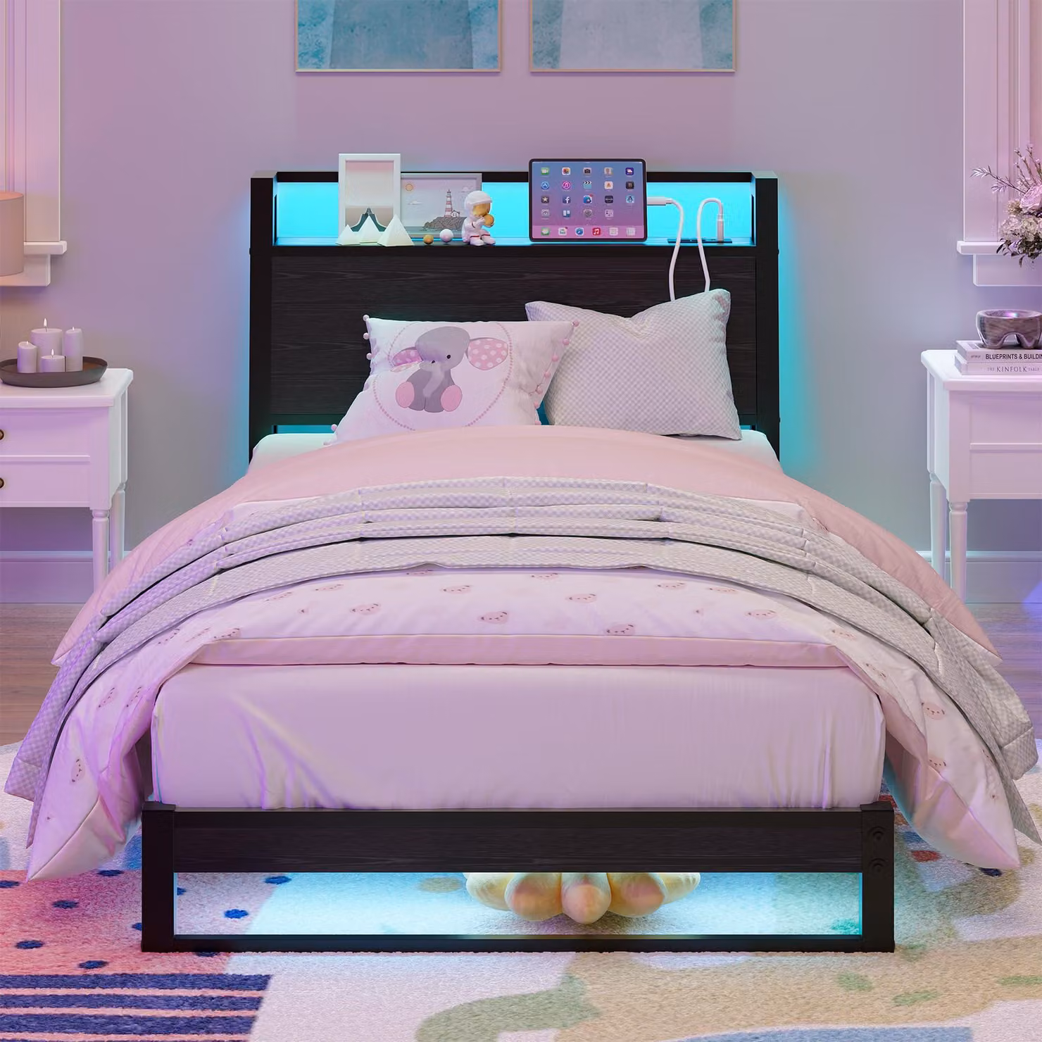 Letto singolo 90x200 cm con testiera, spazio contenitivo, base di ricarica e illuminazione a LED