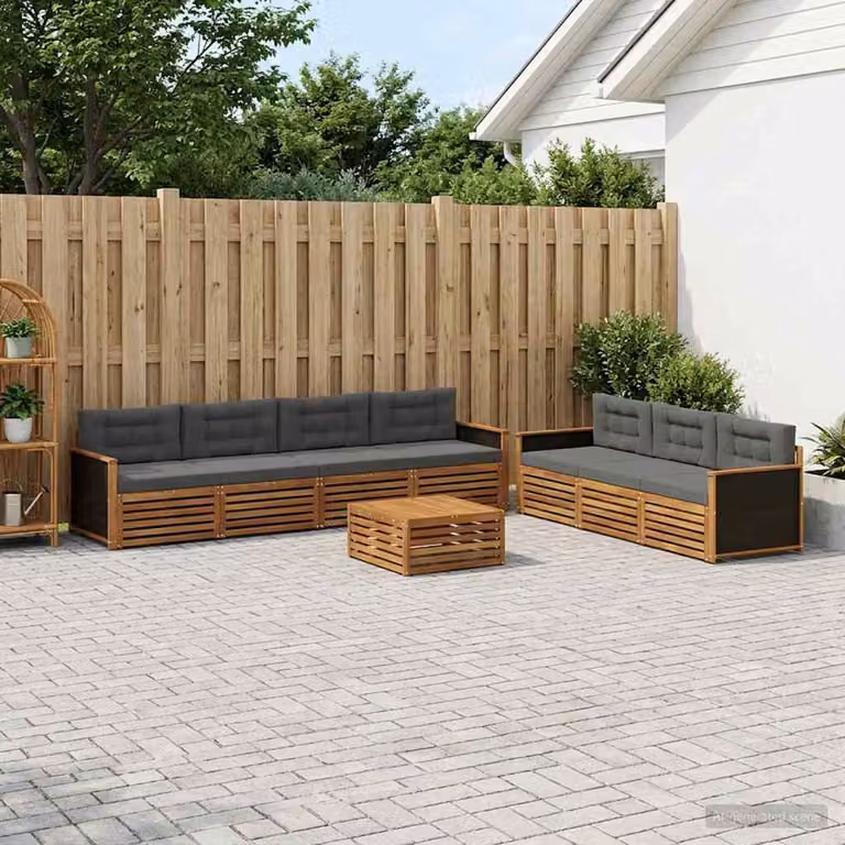 Set di divani da esterno vidaXL 8 pezzi in legno di acacia con cuscini beige e antracite e tavolino da giardino a forma di L