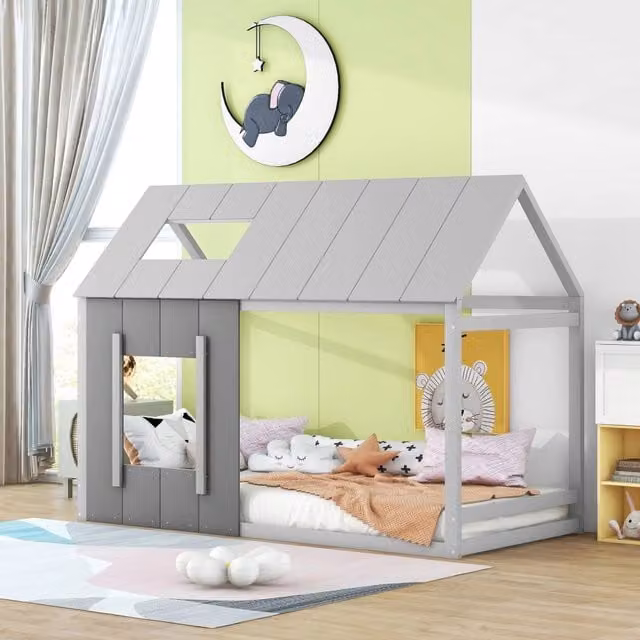 Letto per bambini REDOM a forma di casetta con tetto e finestra in legno di pino e MDF, colore grigio, L/P/H: 200 x 90 x 195 cm