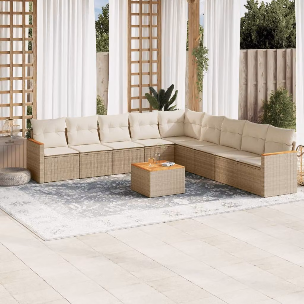 vidaXL Set Divano da Giardino 10 pz con Cuscini Beige in Polyrattan e Acciaio – 1