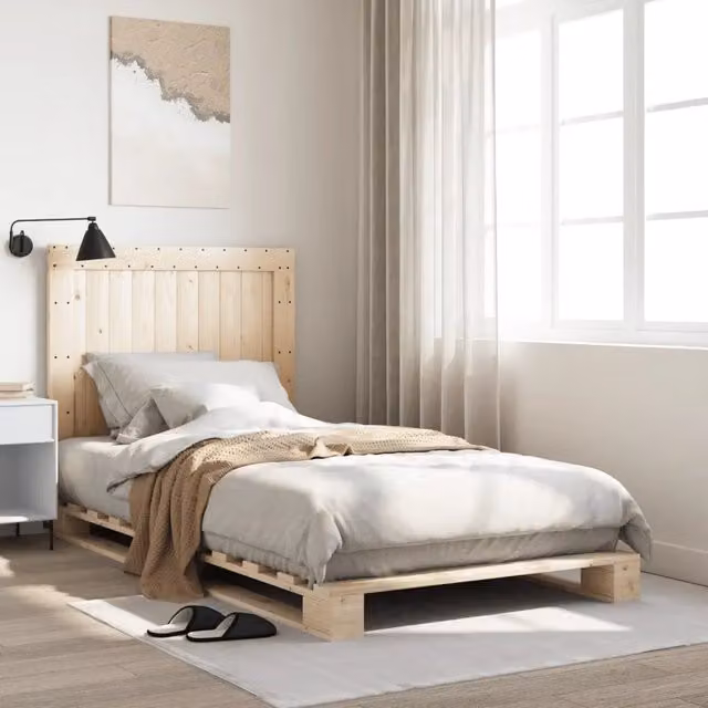Giroletto con testiera VIDAXL in legno massello di pino naturale con doghe rigide e tessuto beige L 100 x P 200 cm