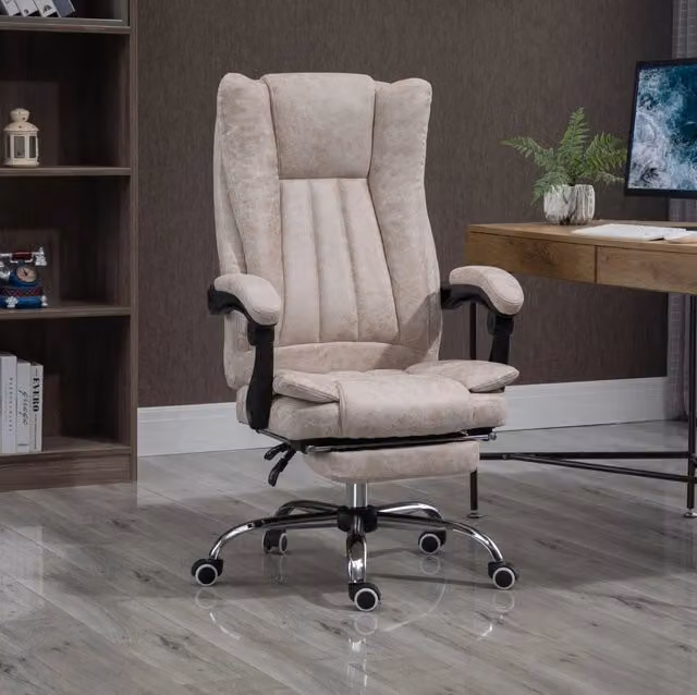 Sedia da ufficio ergonomica reclinabile beige con poggiapiedi
