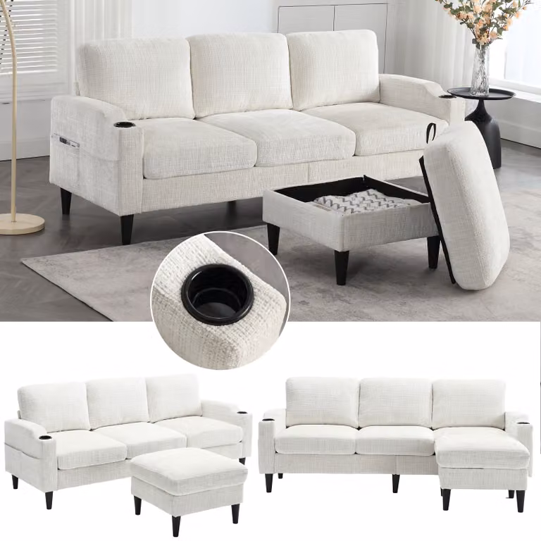LVHOM Divano a 3 posti con poggiapiedi, 196,5 cm Divano componibile con porta bevande e tasche laterali, panca in ciniglia con vano portaoggetti, set di divani, beige