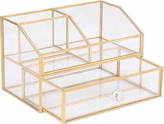 Comodino da trucco con funzione di contenimento - Organizer vintage in metallo dorato e vetro