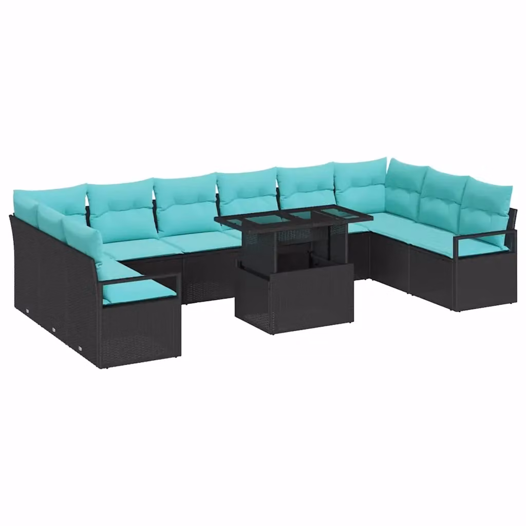 Set Divano da Giardino vidaXL a Forma a U con 11 Pezzi, Colore Nero e Blu Turchese, Ideale per Terrazza e Balcone – 2