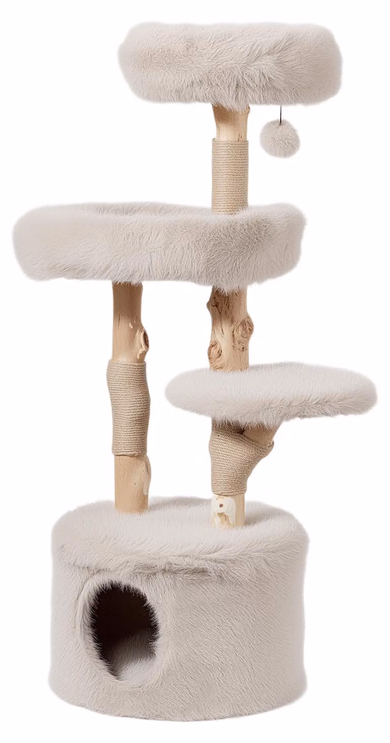 Albero per gatti Fudajo Forest, altezza 137 cm, grigio naturale, con casetta per gatti, cuccette e pallina giocattolo