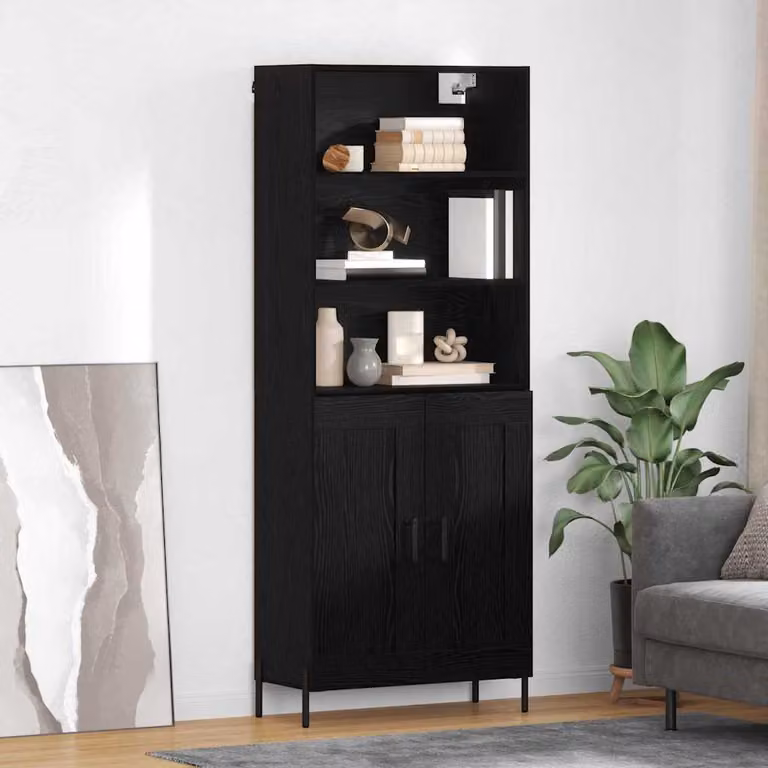 Credenza moderna vidaXL in legno e metallo nero opaco L: 69,5 cm, P: 34 cm, H: 180 cm