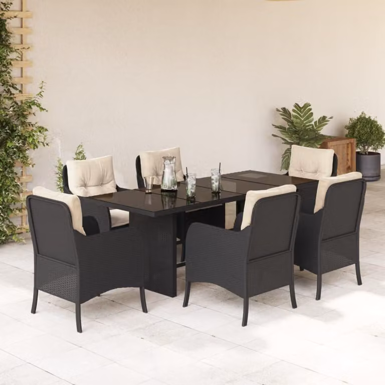vidaXL Set da Pranzo da Giardino 7 pz in Polyrattan Nero con Cuscini e Tavolo in Vetro