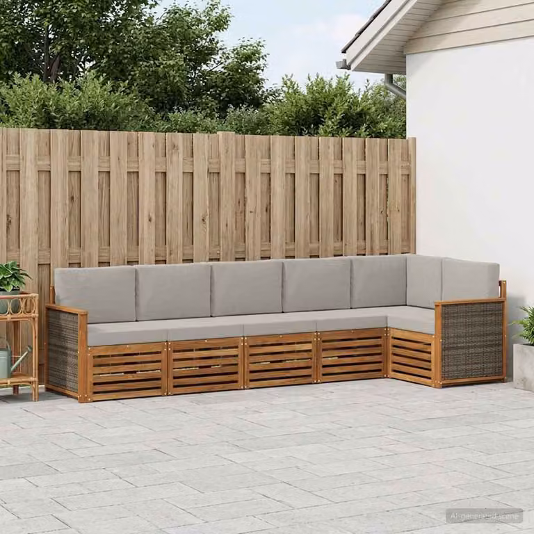 Set di divani da esterno a L vidaXL in legno di acacia con cuscini, beige e grigio chiaro