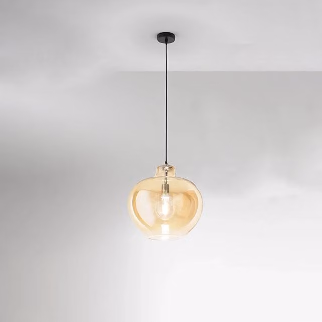 Lampada a sospensione moderna Perenz Illumina in metallo cromato e vetro ambra trasparente con attacco E27 e altezza regolabile