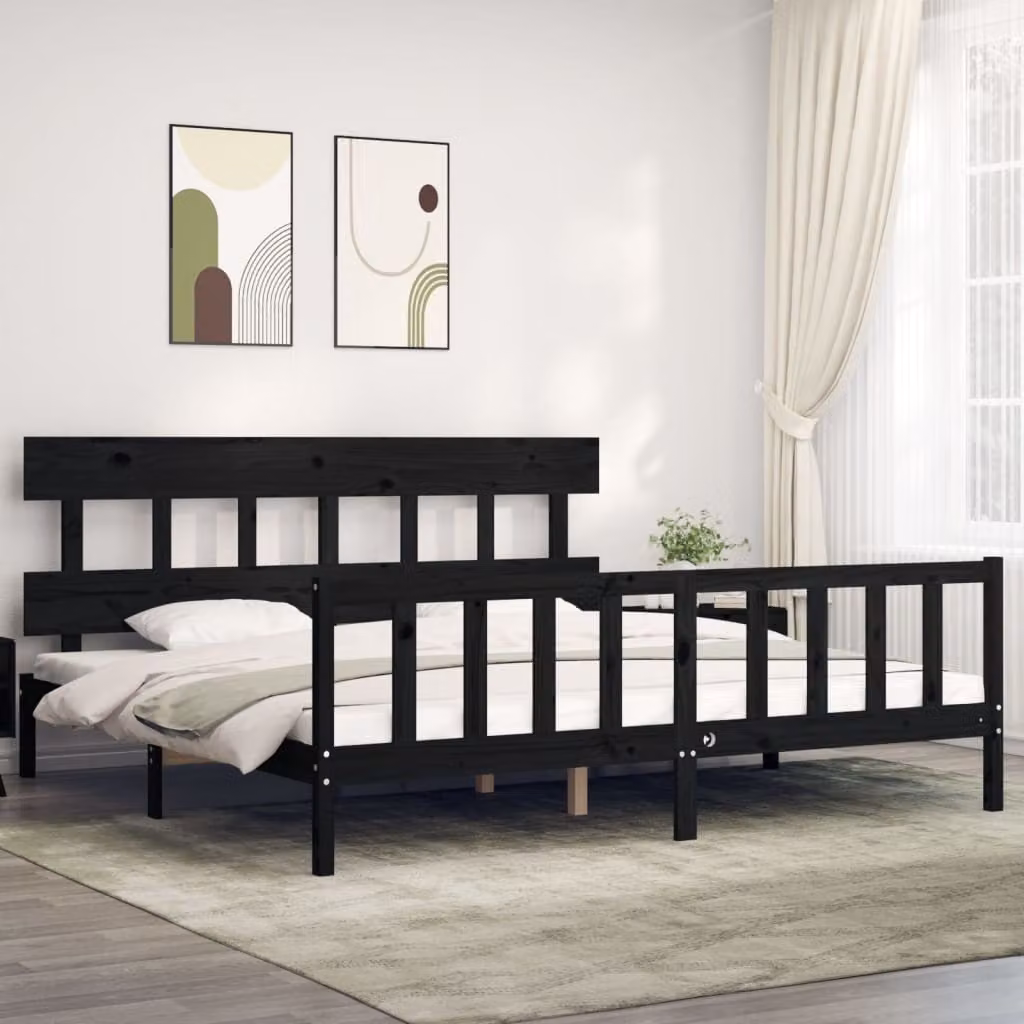 The Living Store Letto in legno massiccio con testiera nera 200x200 cm