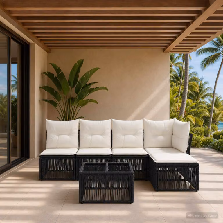 Set Divano da Giardino vidaXL 6 pz Nero con Cuscini e Tavolino, Design Moderno a L in Polyrattan e Acciaio