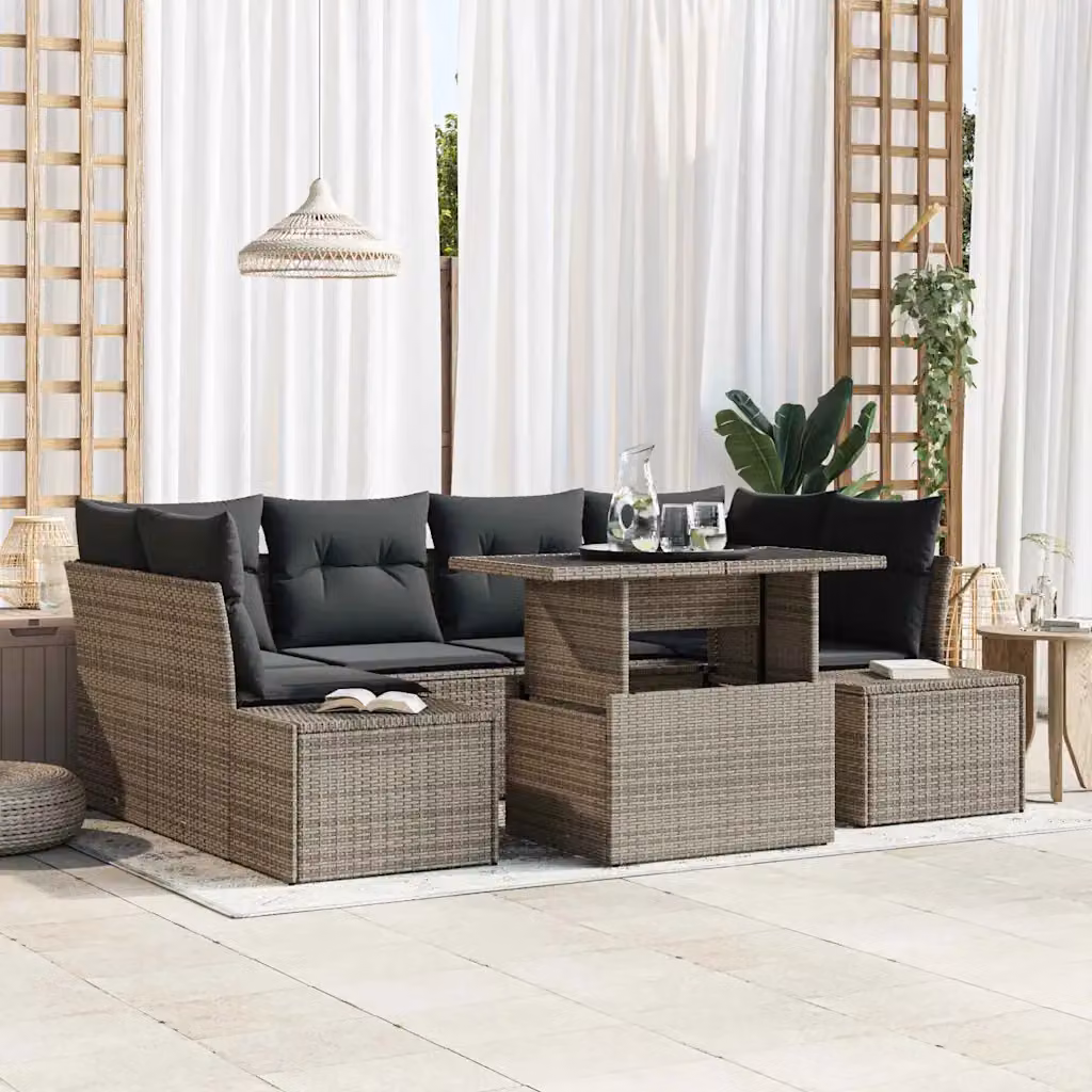 Set Divano da Giardino vidaXL 7 Pezzi in Polyrattan Grigio con Tavolino e Cuscini – 1