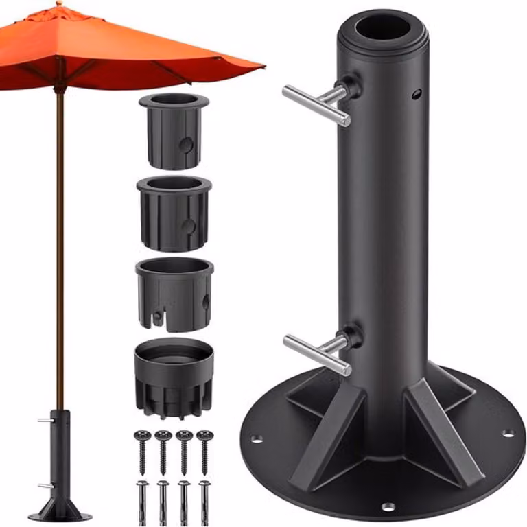 Portaombrellone rotondo per terrazza, supporto a pavimento metallico con morsetto di fissaggio, adatto per pali di ombrellone da 3-5 cm, ideale per