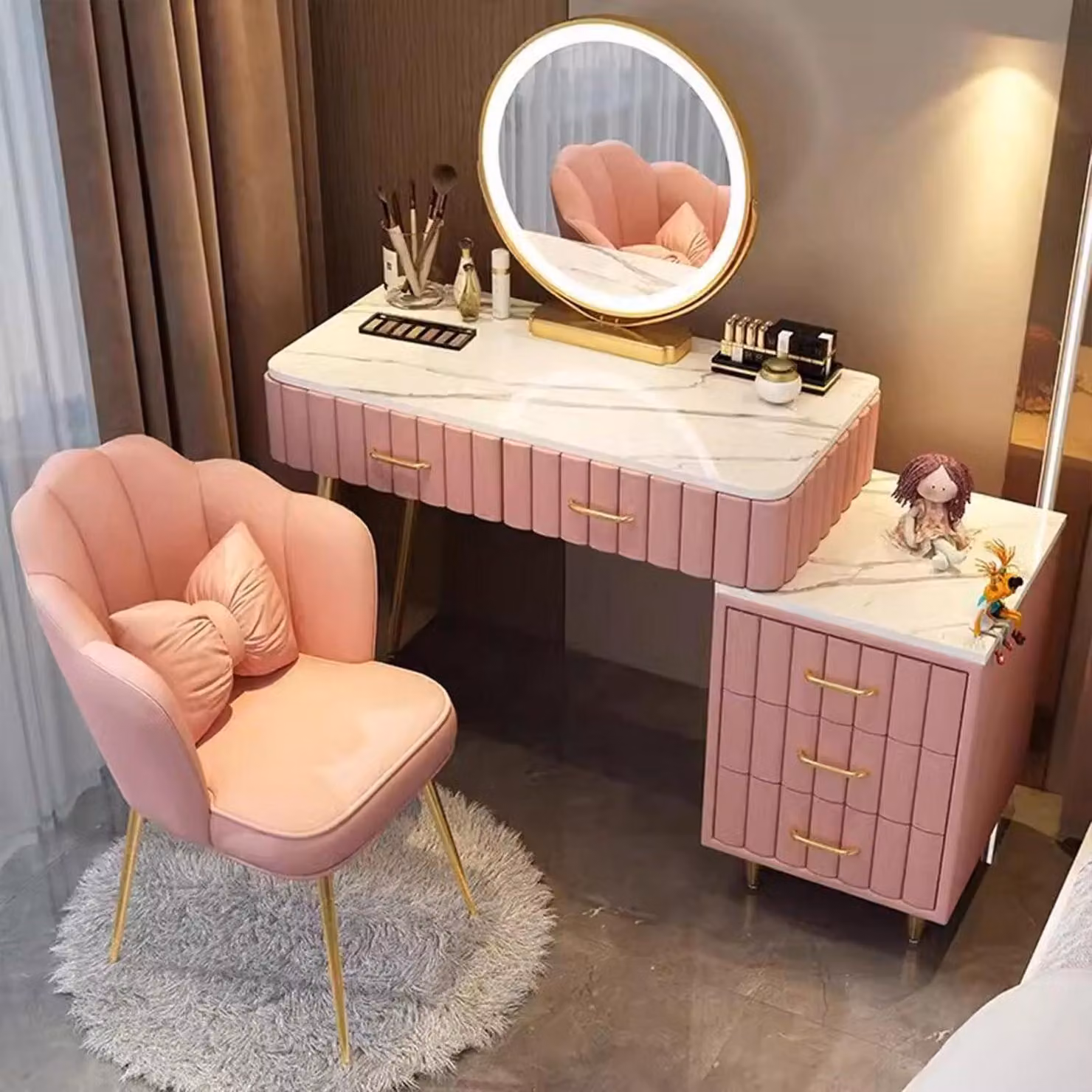 Set da trucco con sgabello, tavolino da trucco con specchio, 5 cassetti, rosa, 100 cm