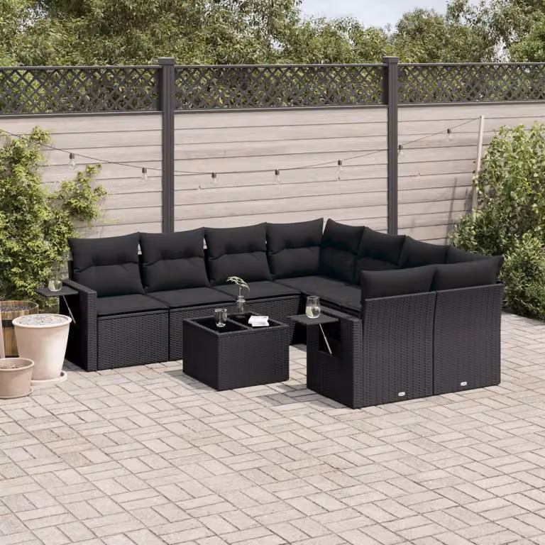 vidaXL Set Divani da Giardino 9 pz a Forma a L con Cuscini Nero in Polyrattan e Telaio in Metallo