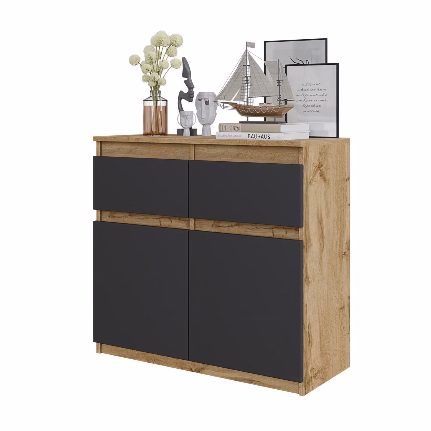 Comodà 80 cm in rovere Wotan / antracite, 2 cassetti, 2 ante, 2 ripiani, soggiorno