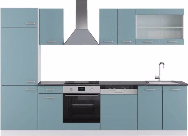 Cucina componibile moderna R-Line Vicco, Grigio-blu/Bianco con piano Antracite, L: 300 cm, H: 206.8 cm, P: 60 cm