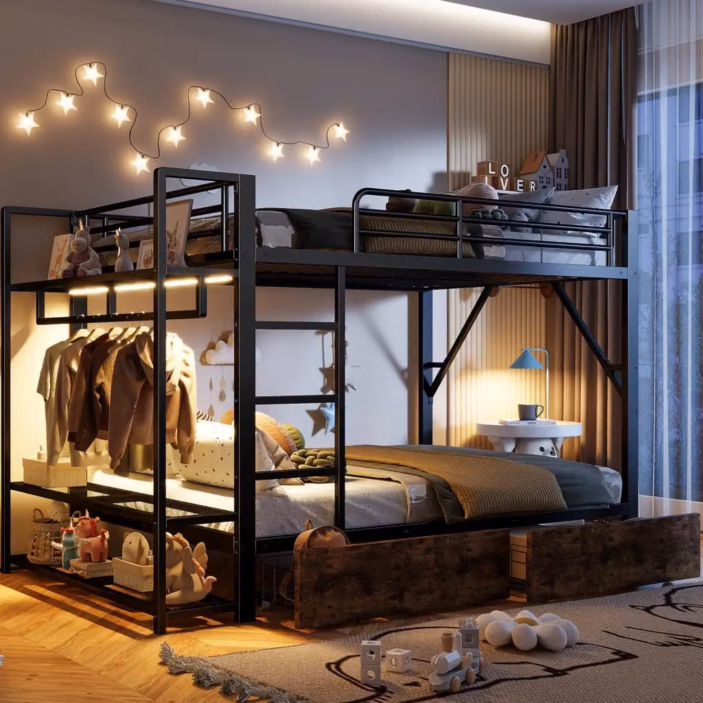 Letto a castello moderno per bambini con illuminazione LED e 2 cassetti, nero, L/P/H: 140 x 200 cm – 2