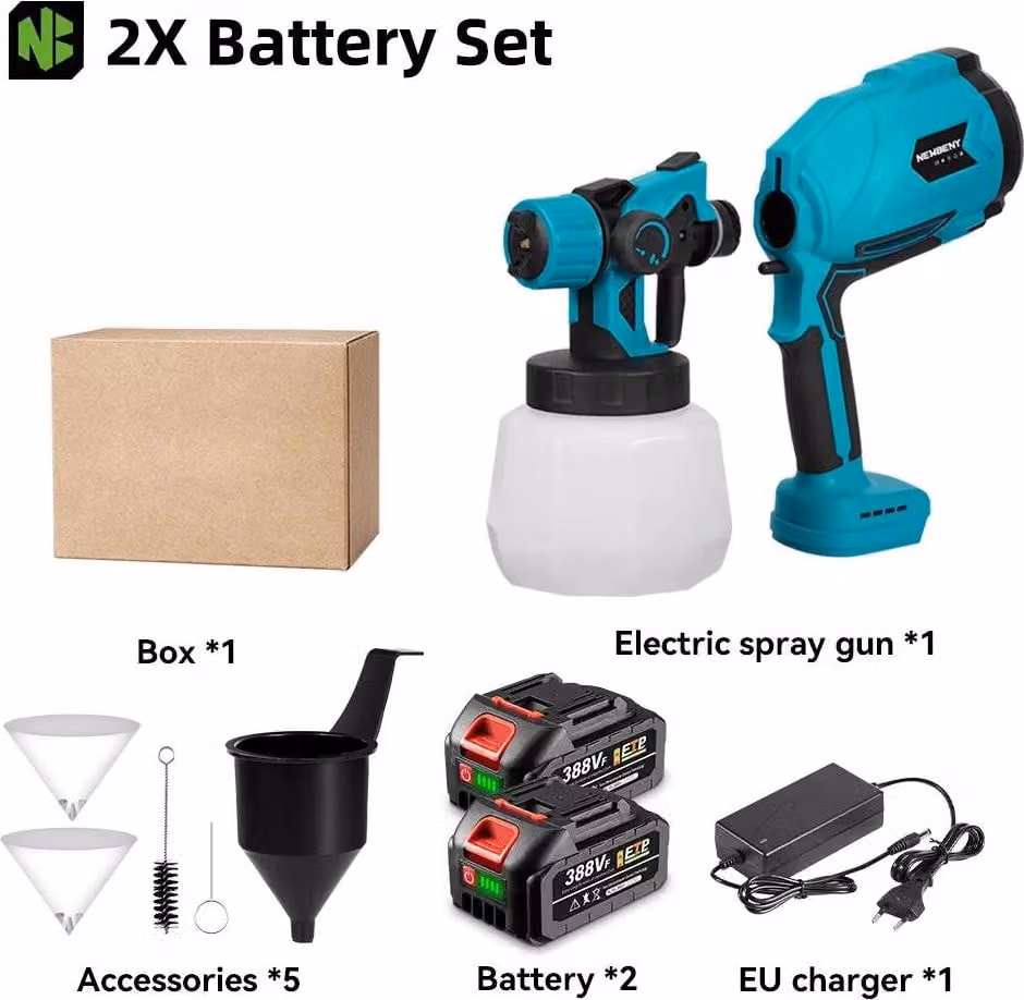 Pistola a spruzzo elettrica - Spruzzatore a batteria - Set con 2 batterie e spina UE - Serbatoio da 1200 ml - Ugello da 1,8 mm - Regolazione del flusso - Arancione