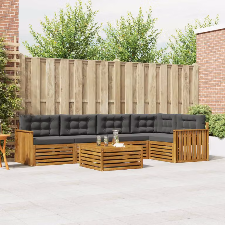 Set di divani da esterno vidaXL 6 pz in legno di acacia con cuscini, forma a L e tavolino, beige e antracite