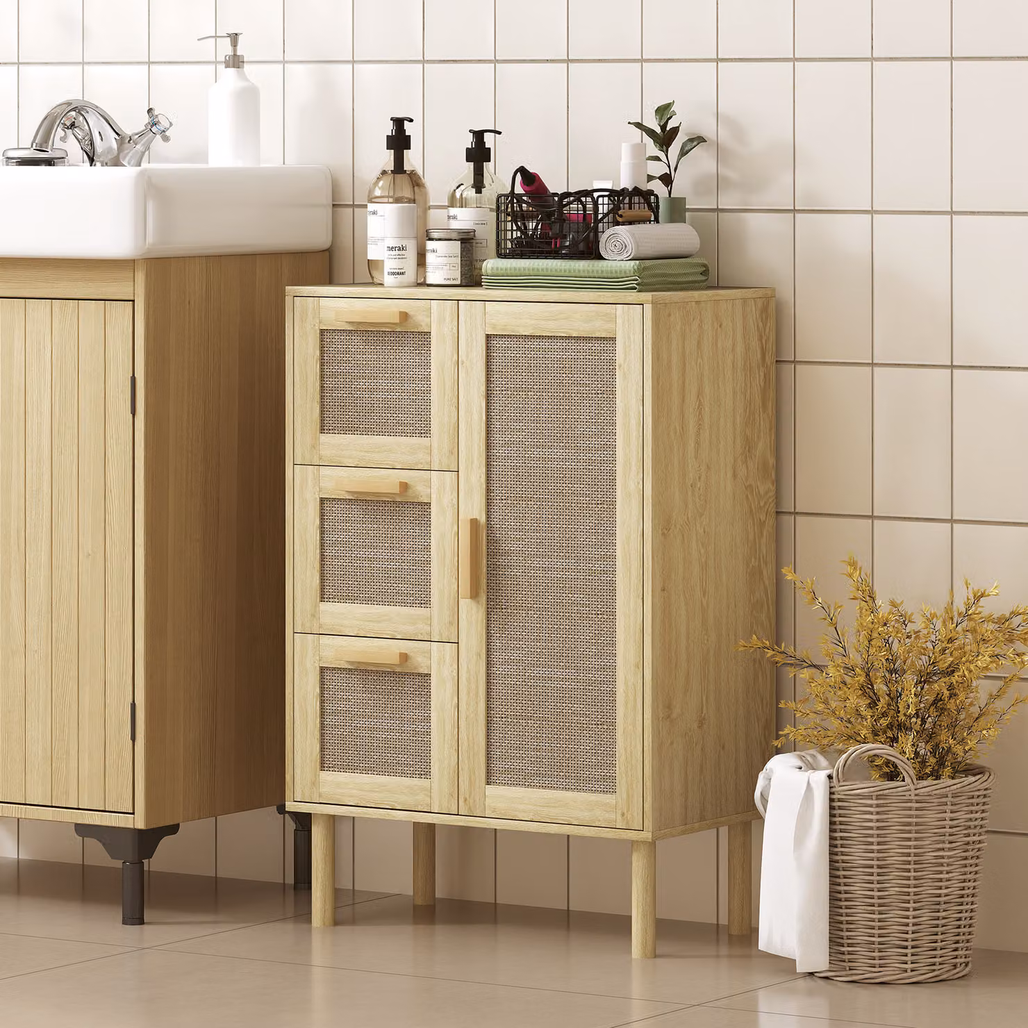 Mobile da bagno HOMCOM in stile boho con 3 cassetti e 3 mensole, frontale in rattan intrecciato, colore beige e rovere, L 55 x P 30 x H 82 cm – 2