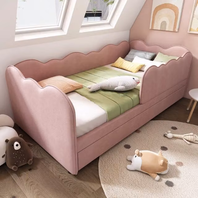 Letto estraibile REDOM in velluto rosa per cameretta dei bambini, L/P/H: 90 x 190 x 70 cm – 1