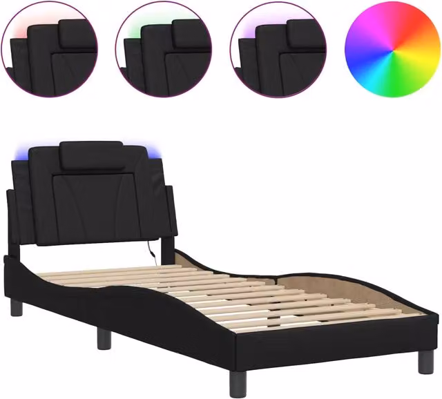 Letto singolo Viana nero con illuminazione LED sotto il letto e porta USB, struttura in ecopelle e legno, L/P/H: 200 x 80 cm