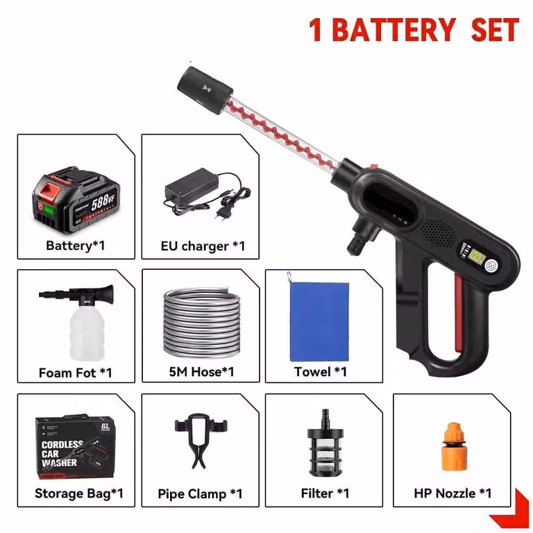 Idropulitrice - Pulitore per terrazze - A batteria - Elettrica - 220 bar - 5 in 1 - Pistola a spruzzo senza fili