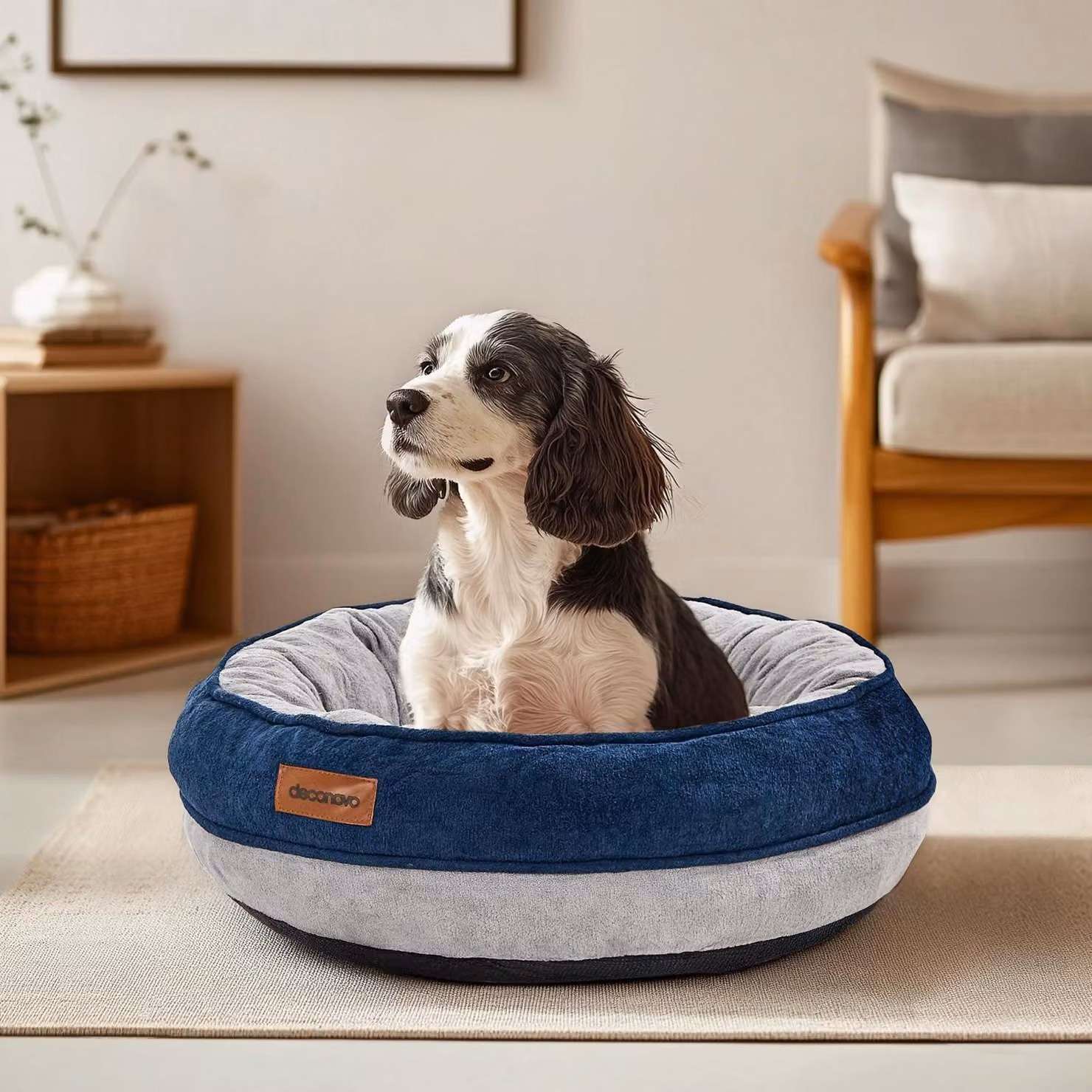 Cuccia per cani a forma di ciambella, diametro 51 cm, ortopedica, lavabile, rotonda, colore blu navy, dimensioni 51x51x15 cm