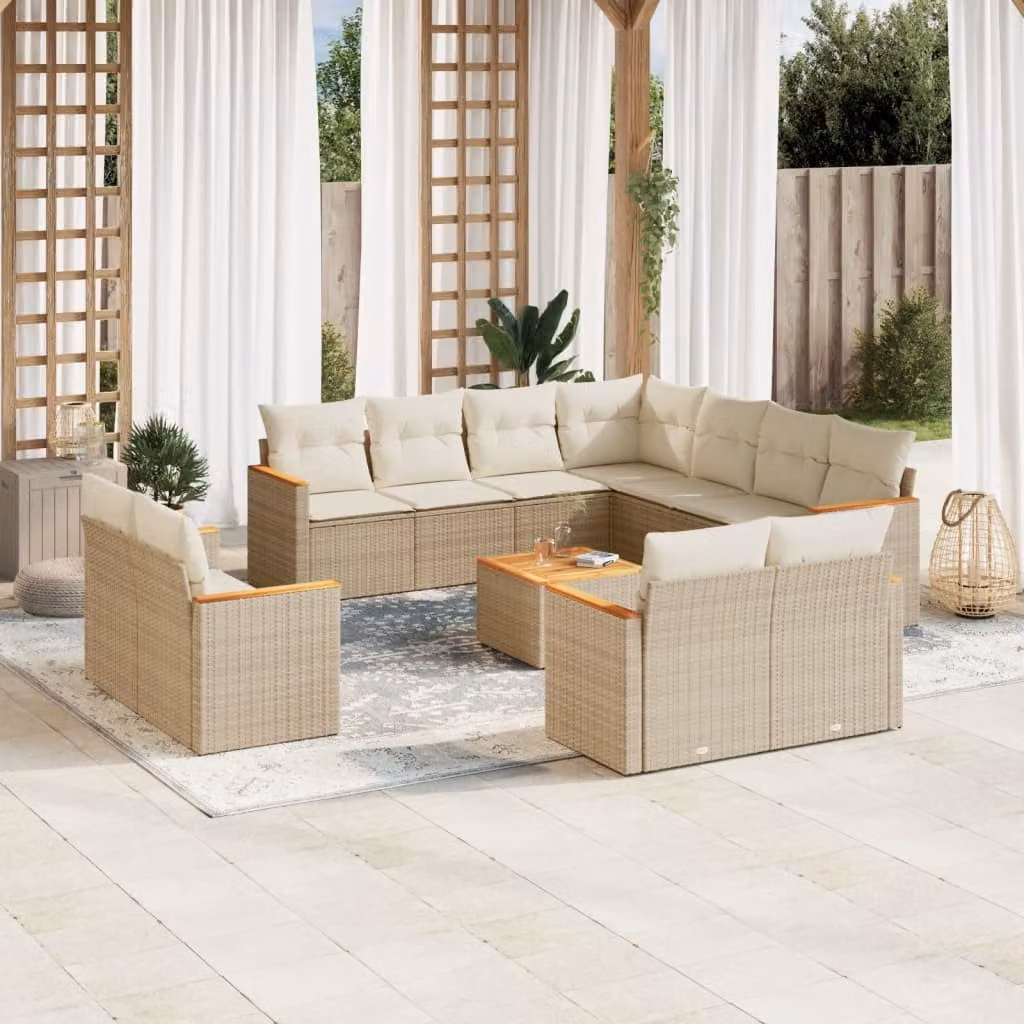 Set di divani da giardino vidaXL a forma di U composto da 12 pezzi con cuscini beige e tavolino, in polyrattan e acciaio verniciato a polvere – 1