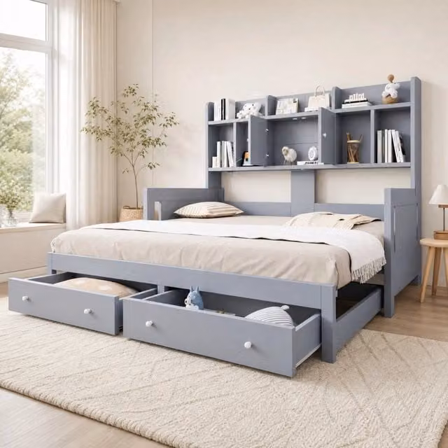 Divano letto estensibile MIVRAY moderno in legno grigio con illuminazione LED, porta USB e vani contenitore, dimensioni L/P/H: 180 x 200 cm