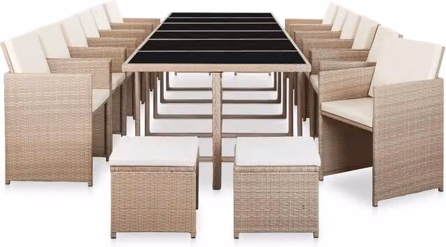 Set di mobili da giardino da esterno composto da 17 pezzi in resina intrecciata e vetro, colore beige e bianco