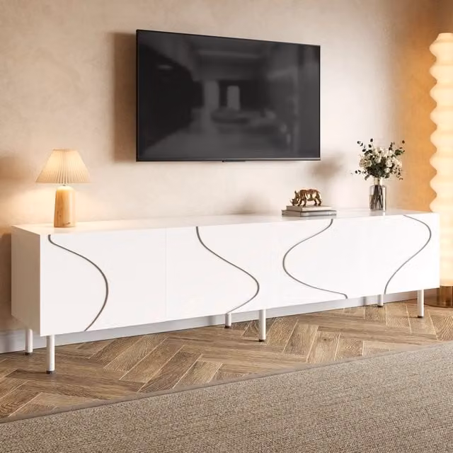 Mobile porta TV moderno OKWISH bianco con 4 ante e funzione push-to-open per soggiorno in MDF, L: 170 cm, P: 35 cm, H: 50 cm