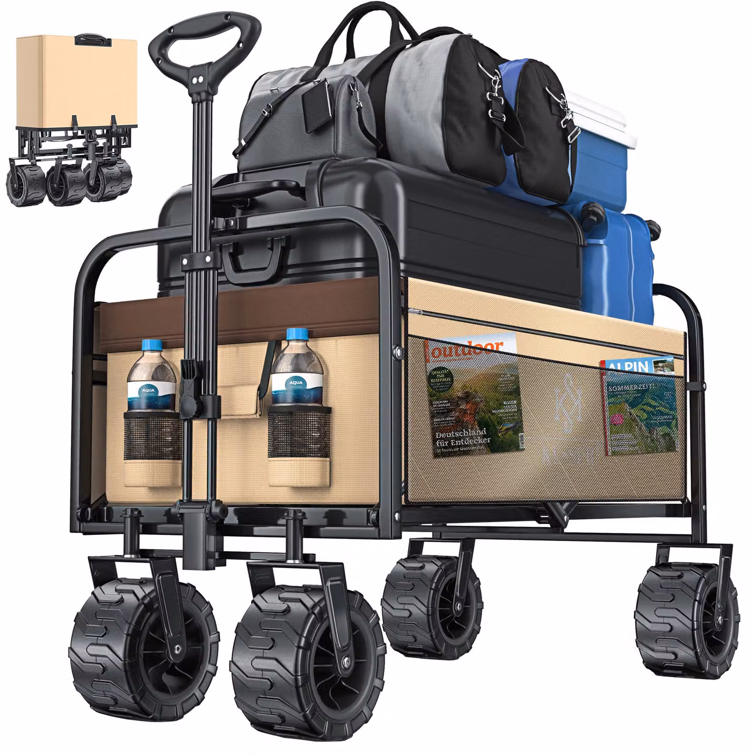 Carretto pieghevole KESSER® con ruote larghe | carrello a mano | carrello da trasporto | carrello per attrezzi | incl. 2 borse a rete | pieghevole | ruote in plastica | portata fino a 150 kg | carrello da trasporto | rimorchio da giardino